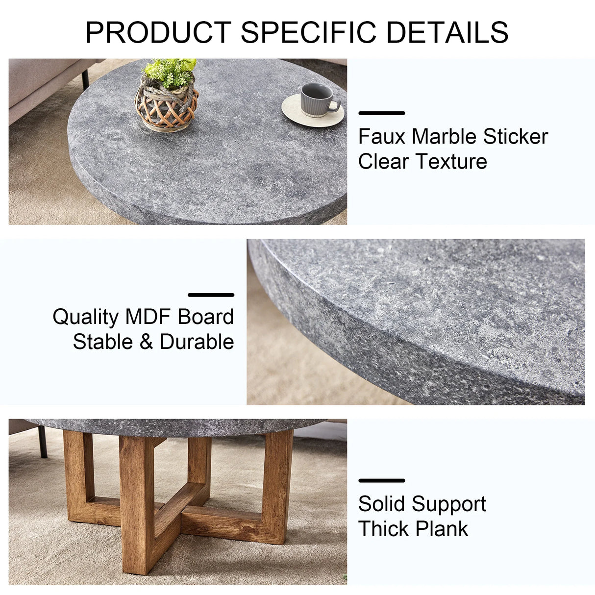 Coffee Table Round Stone Finish Wood Base Contemporary Gray - Furniture Home Direct