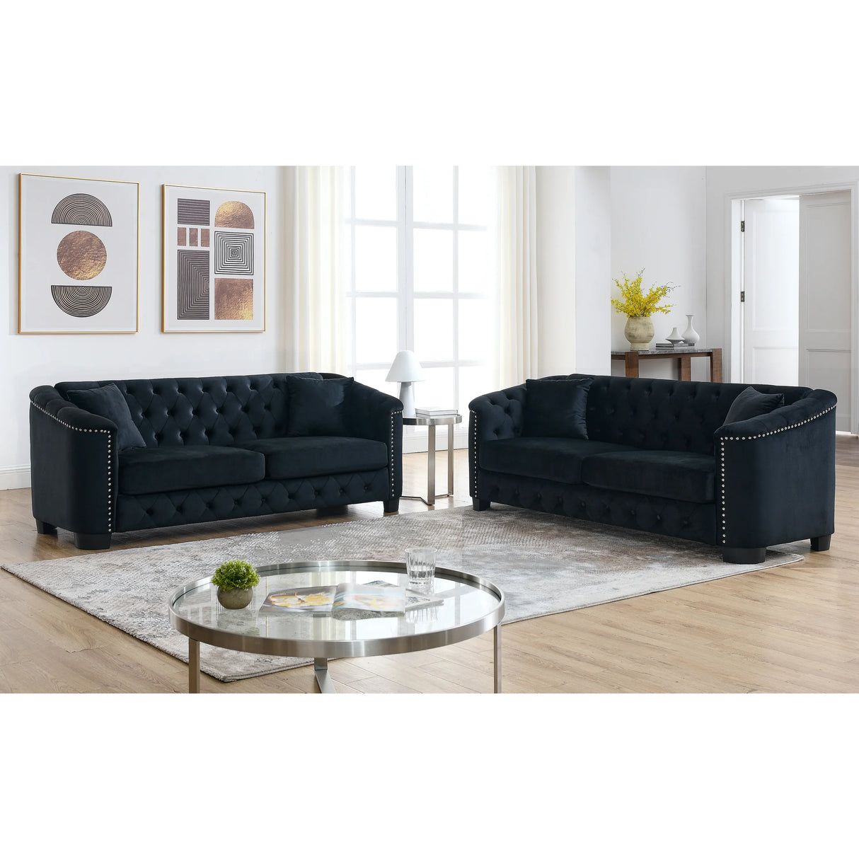 Traditional 2 PC Living Room Set (2 Sofas) - Velvet black - Furniture Home Direct