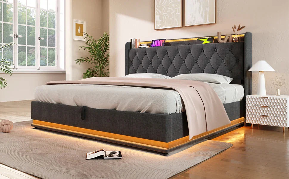King Bed LED 360 Surround Lighting Storage USB Type C Gray - Furniture Home Direct