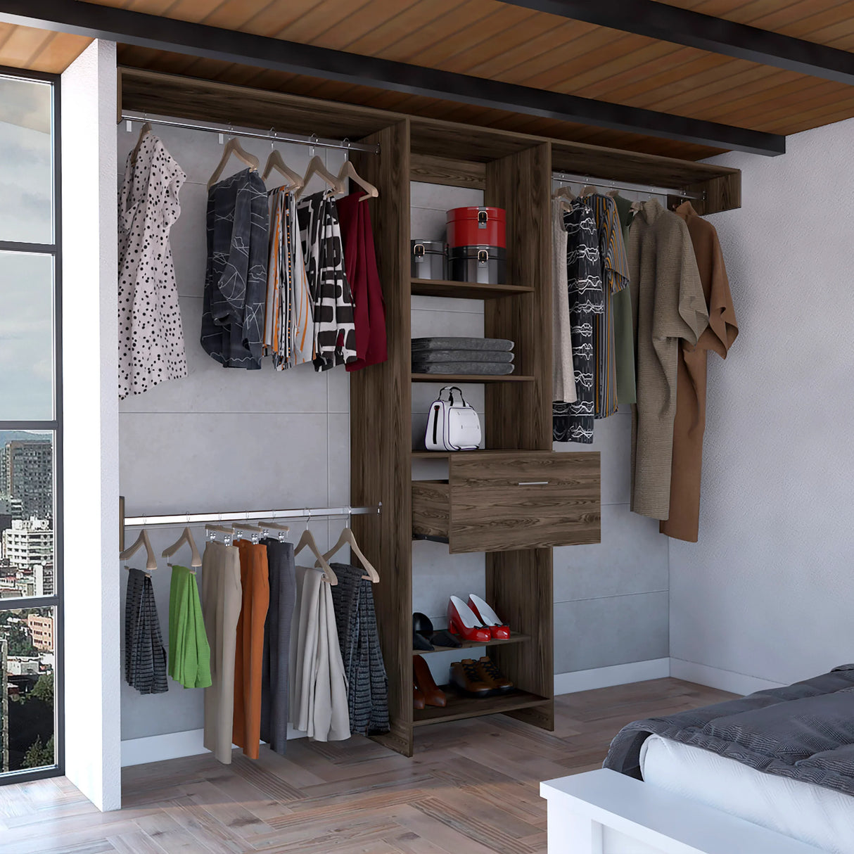 Closet System With Rods Shelves Drawer Modern Dark Walnut - Furniture Home Direct