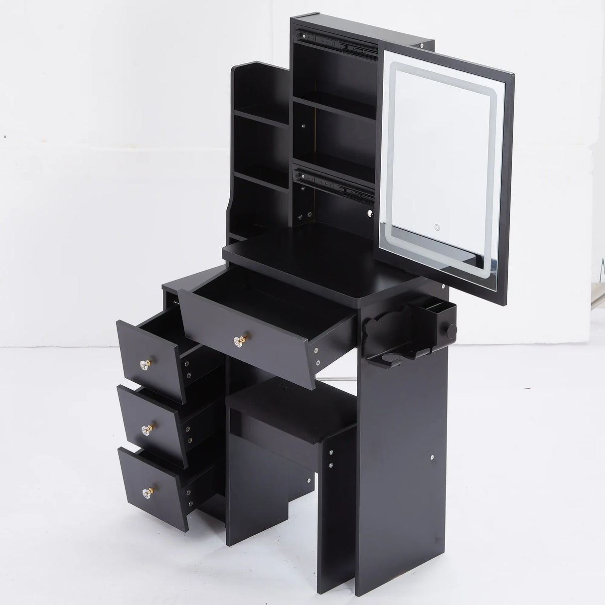 Vanity Desk With Cushioned Stool Lighted Mirror Black - Furniture Home Direct
