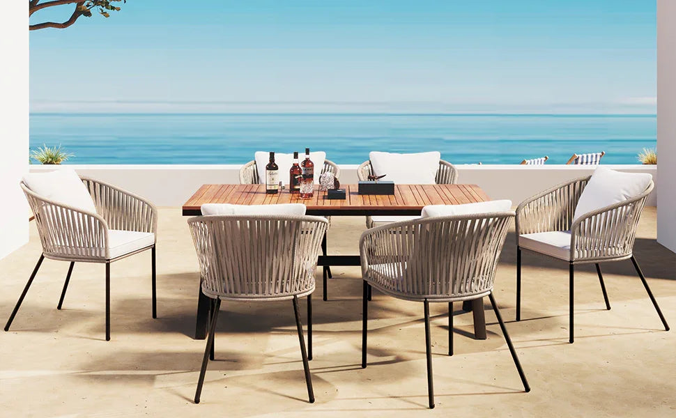 7 Piece All-Weather Patio Dining Set with Acacia Wood Tabletop and Metal Frame - Beige - Furniture Home Direct