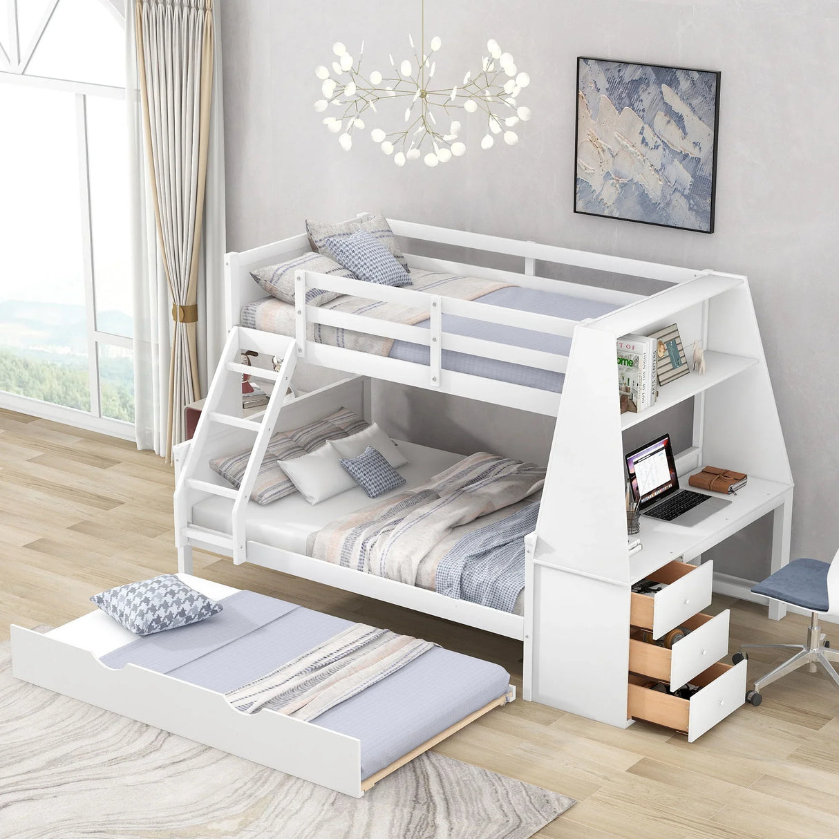 Twin Over Full Bunk Bed With Trundle And Built-In Desk, Three Storage Drawers And Shelf - White - Furniture Home Direct