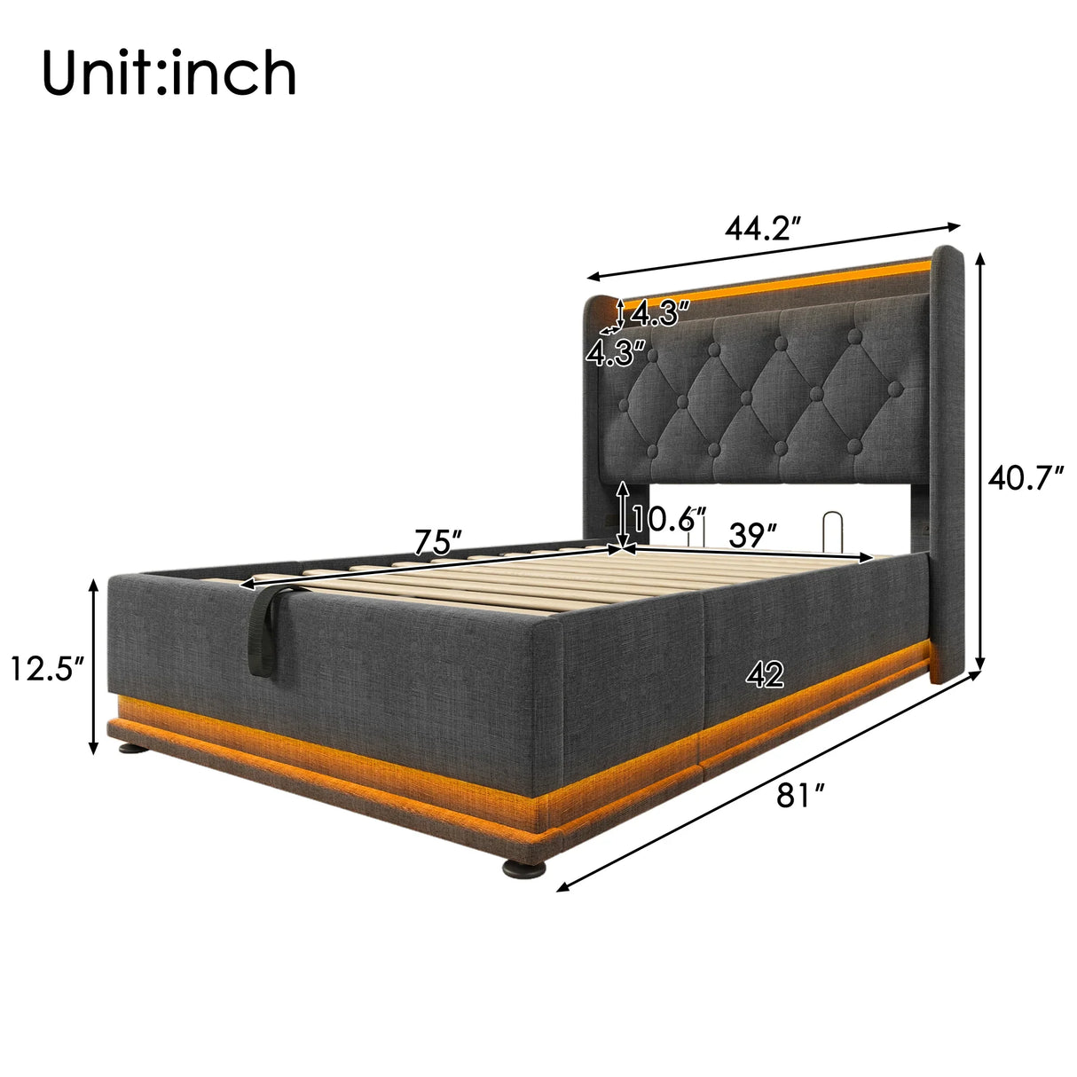 Twin Upholstered Bed 360 Surround LED Lighting USB C Gray - Furniture Home Direct