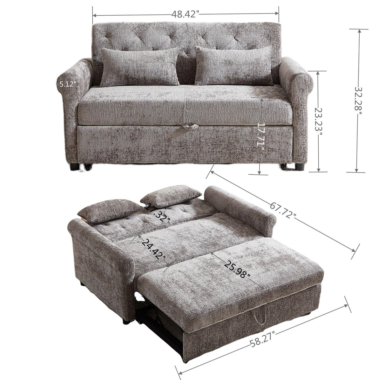 Loveseat Sofa Bed, Pull - Out Couch Sleeper & 2 Pillows - Furniture Home Direct