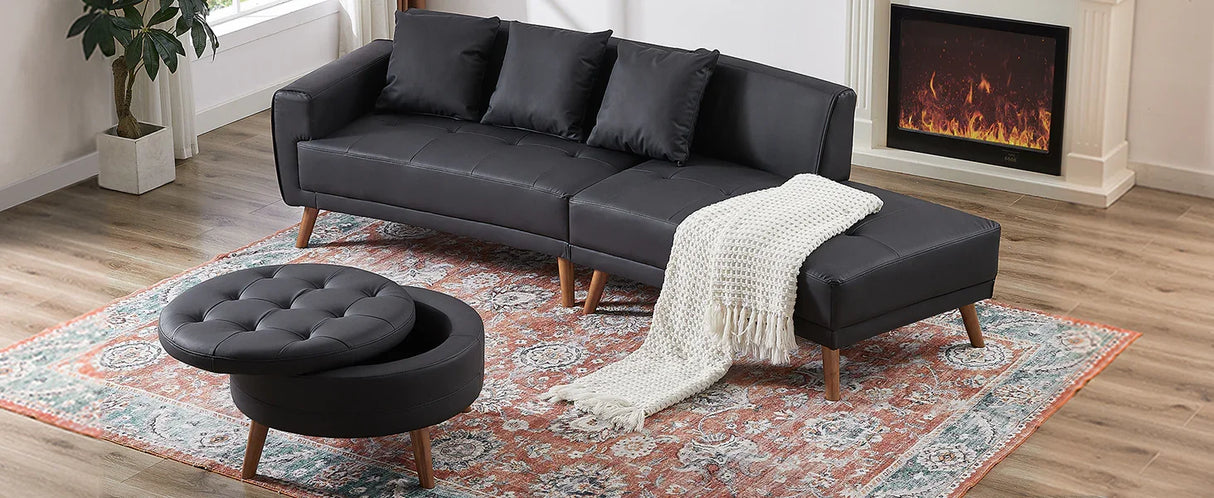 107 Inch Black Sectional With Round Storage Ottoman - Furniture Home Direct