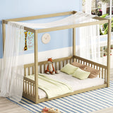 Canopy Frame Floor Bed With Fence, Guardrails - Furniture Home Direct