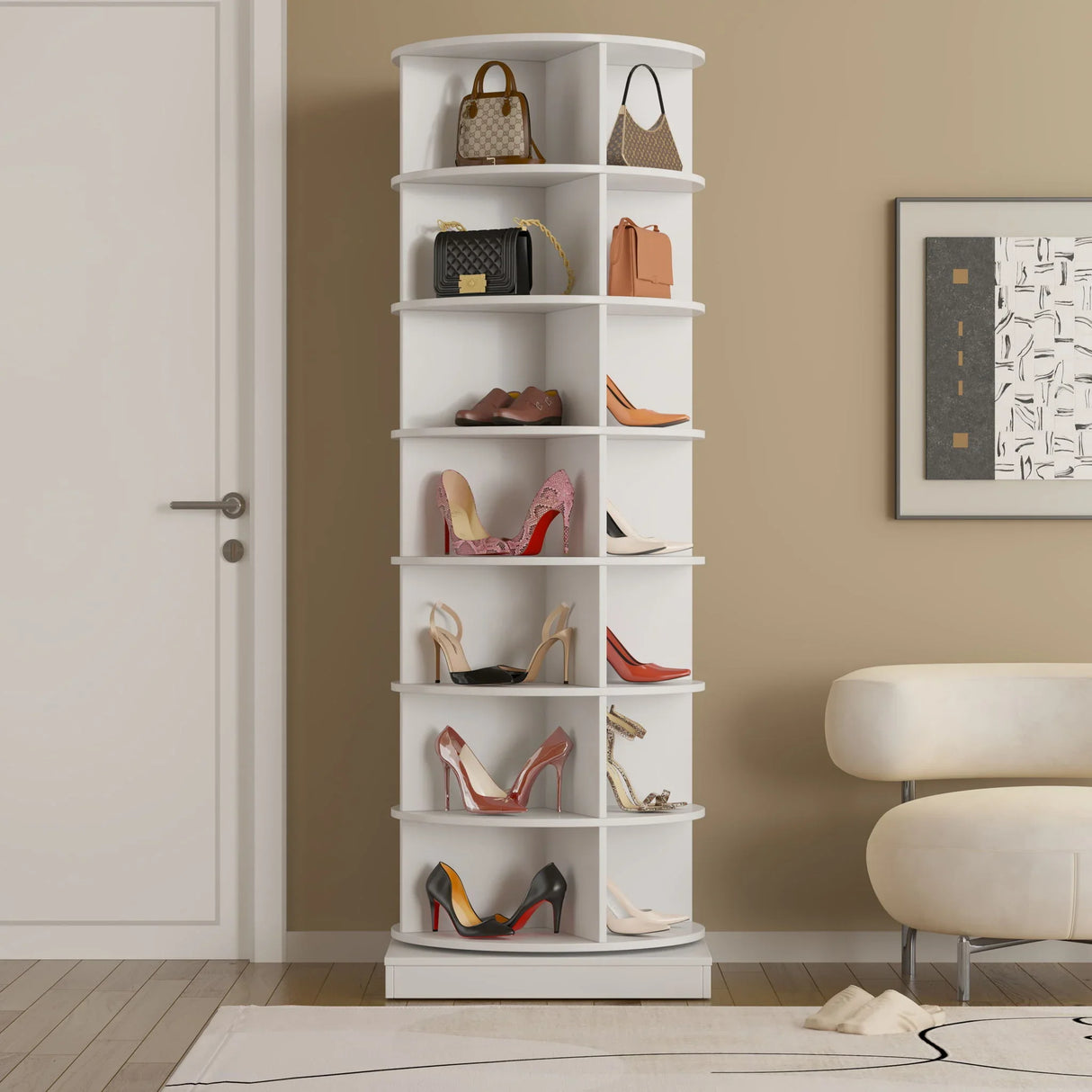 New 360 Rotating Shoe Cabinet 7 Layers Holds Up To 28 Paris Of Shoes - Furniture Home Direct