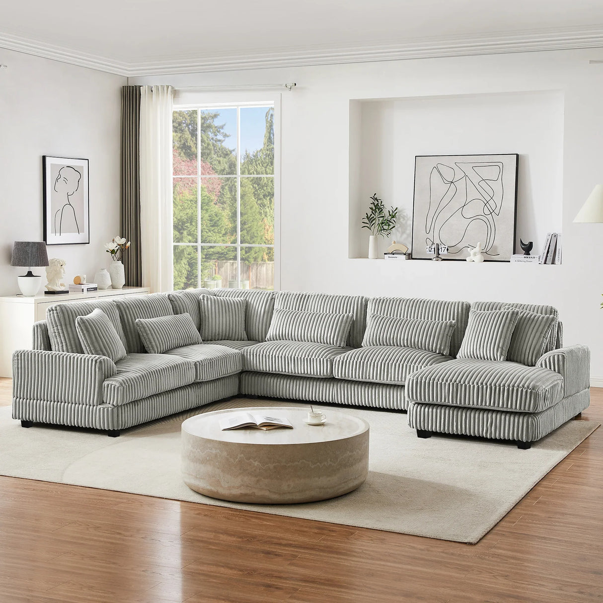 Sectional Sofa Oversized U Shaped Corduroy Fabric Gray - Furniture Home Direct