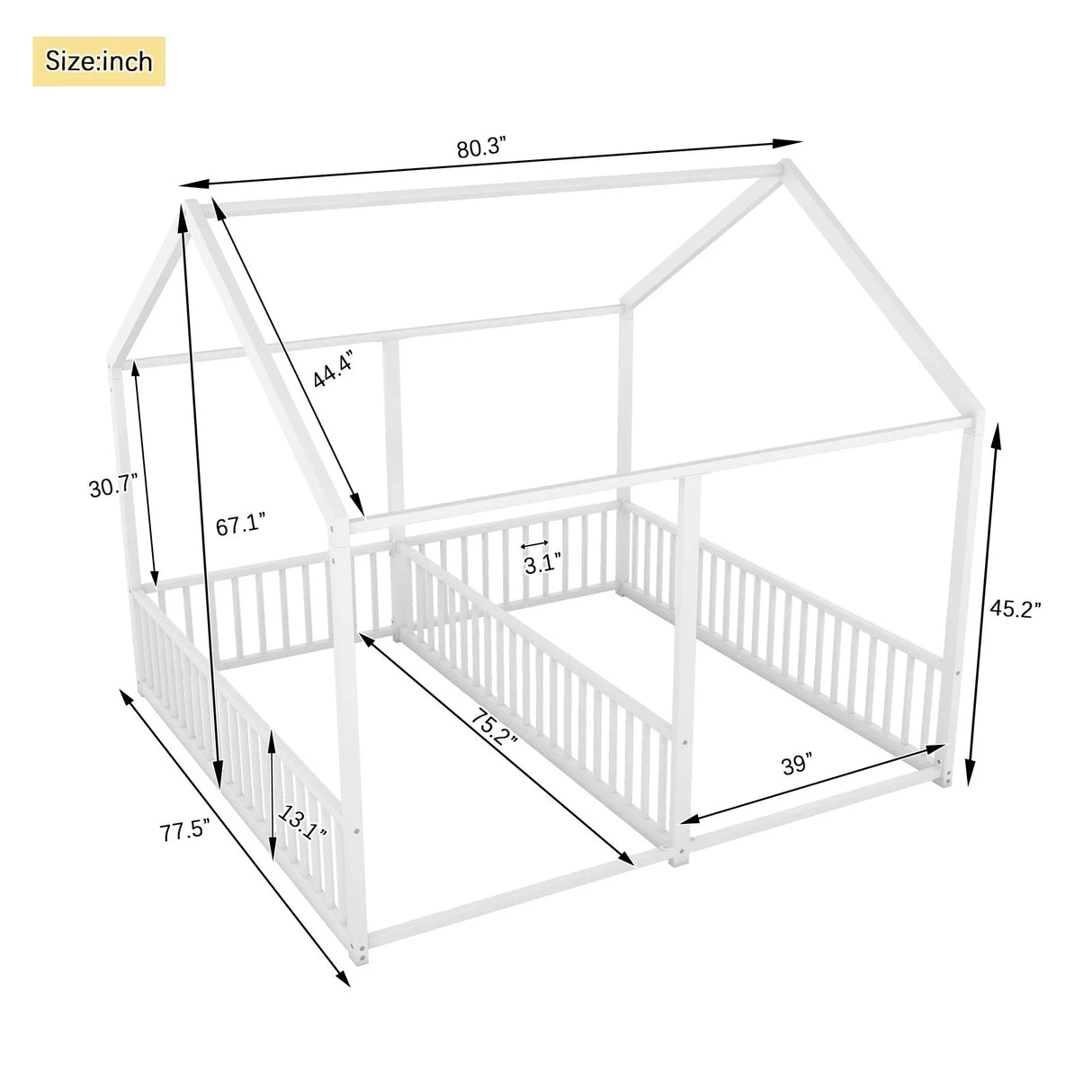 Metal Twin Size House Platform Beds 2 Shared Beds - Antique White - Furniture Home Direct