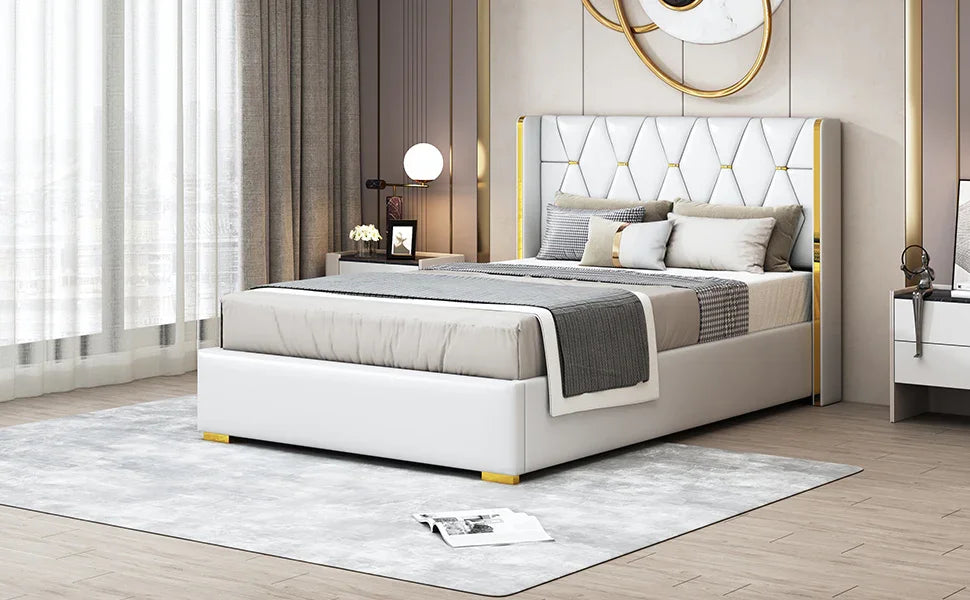 Full Size Upholstered Platform Bed Metal Strips Off White - Furniture Home Direct