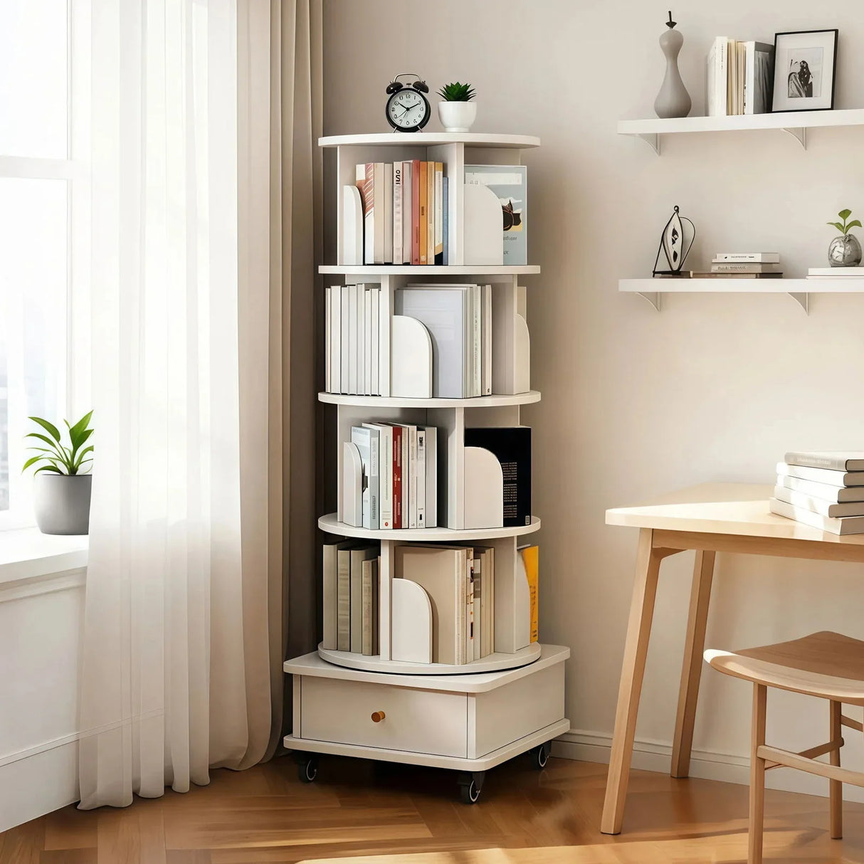 Rotating Bookshelf With Wheels And Drawer, 360° Spinning Design, Space Saving Storage - Furniture Home Direct