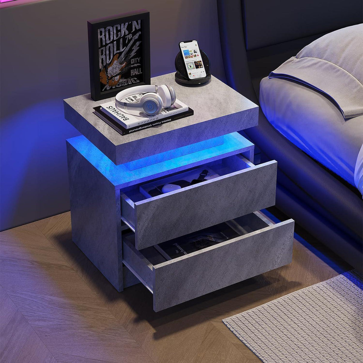 Nightstand LED, Bedside Table Cabinet With 2 Drawers For Bedroom - Furniture Home Direct