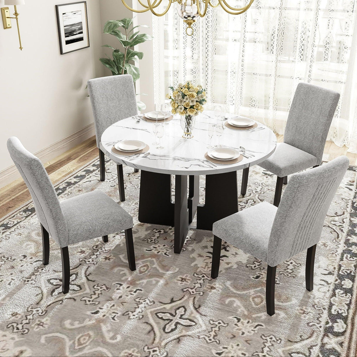 5 Piece Round Dining Table Set, Dining Table And 4 Upholstered Chairs For Dining Room, Kitchen Room, Living Room - White / Gray - Furniture Home Direct