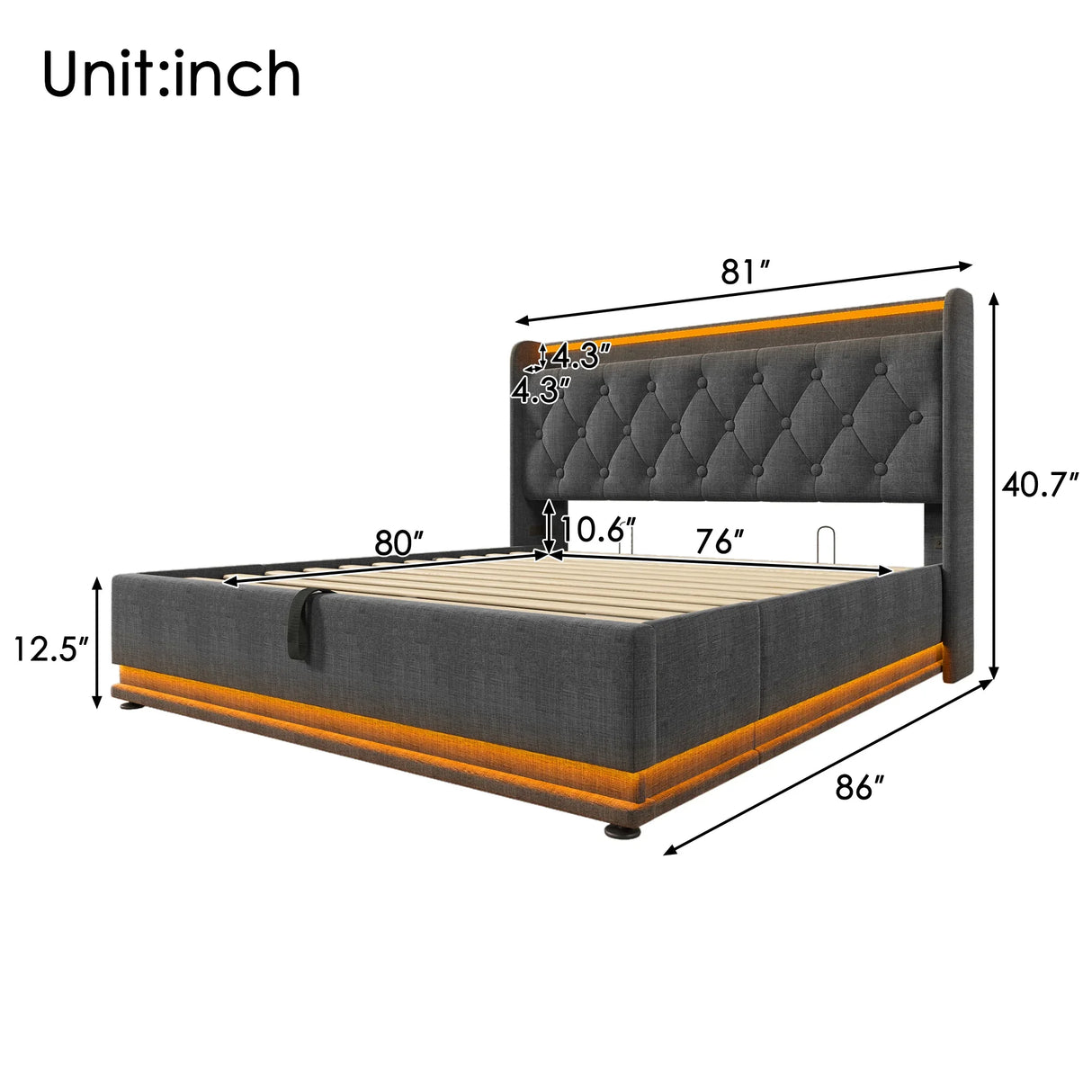 King Bed LED 360 Surround Lighting Storage USB Type C Gray - Furniture Home Direct