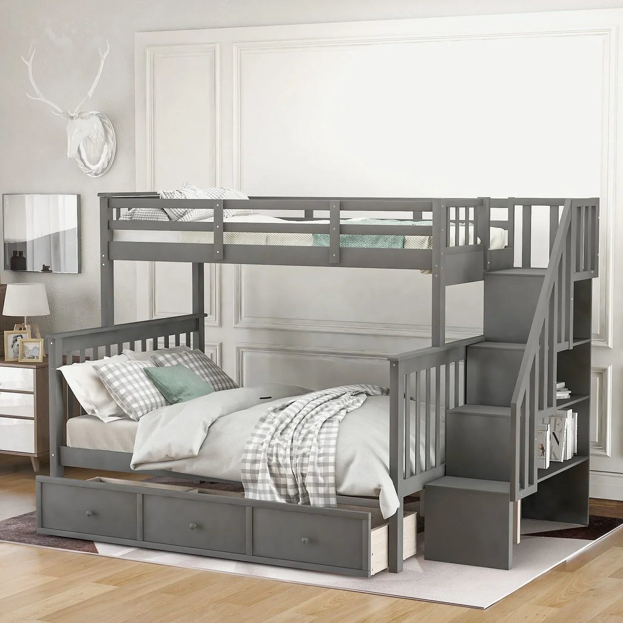 Stairway Bunk Bed With Storage And Guard Rail For Bedroom - Furniture Home Direct