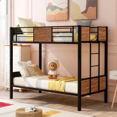 Twin Over Twin Bunk Bunk Bed With Safety Rail, Built In Ladder For Bedroom - Brown - Furniture Home Direct