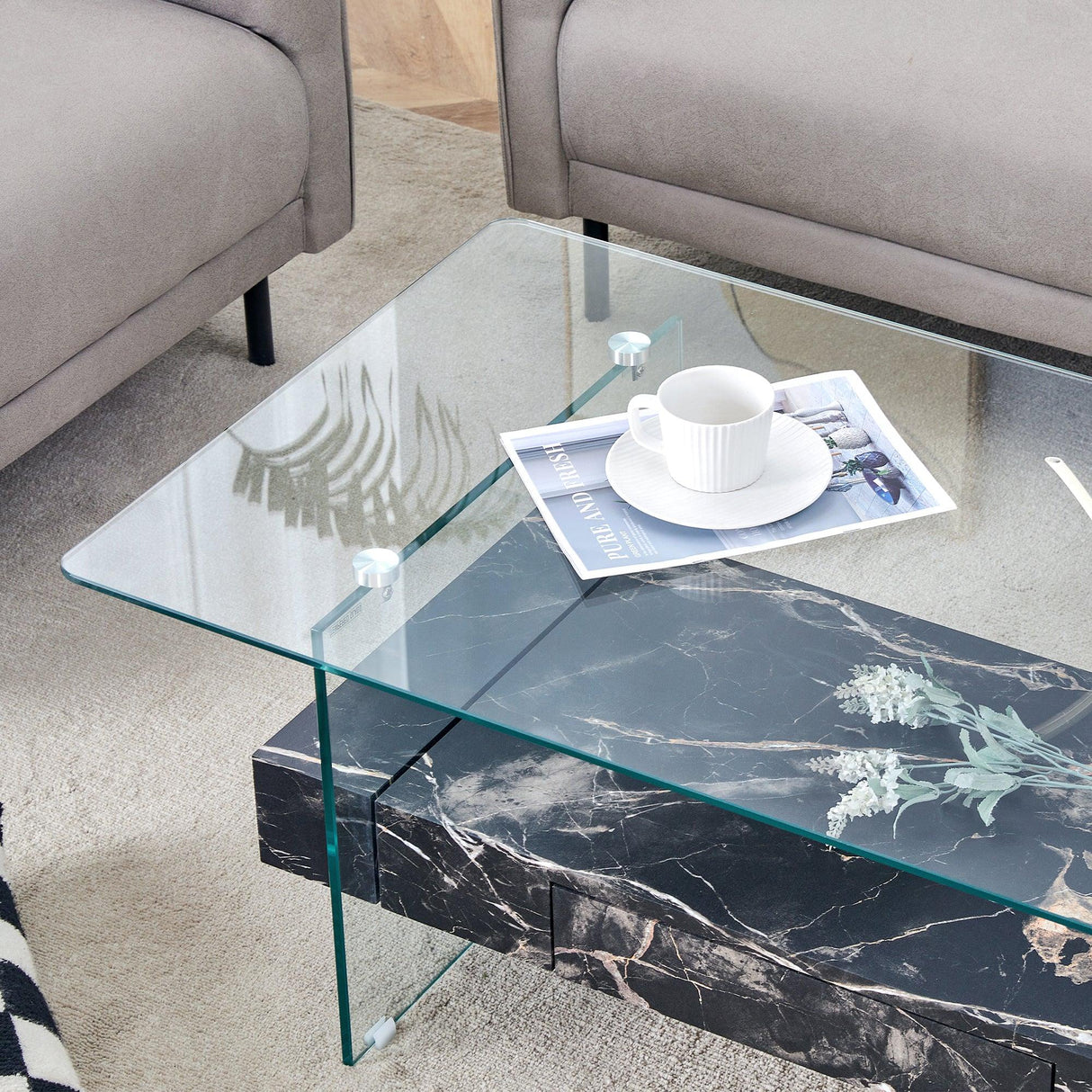 Coffee Table Two-Tier Glass With Solid Marble Base Black - Furniture Home Direct
