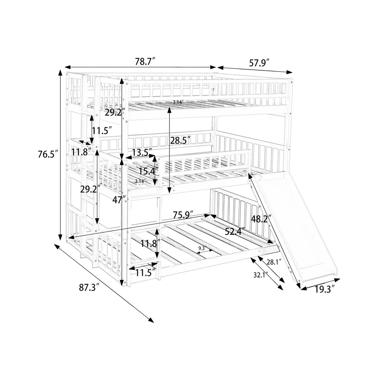 Triple Bed With Built-In Ladder And Slide, With Guardrails - Furniture Home Direct
