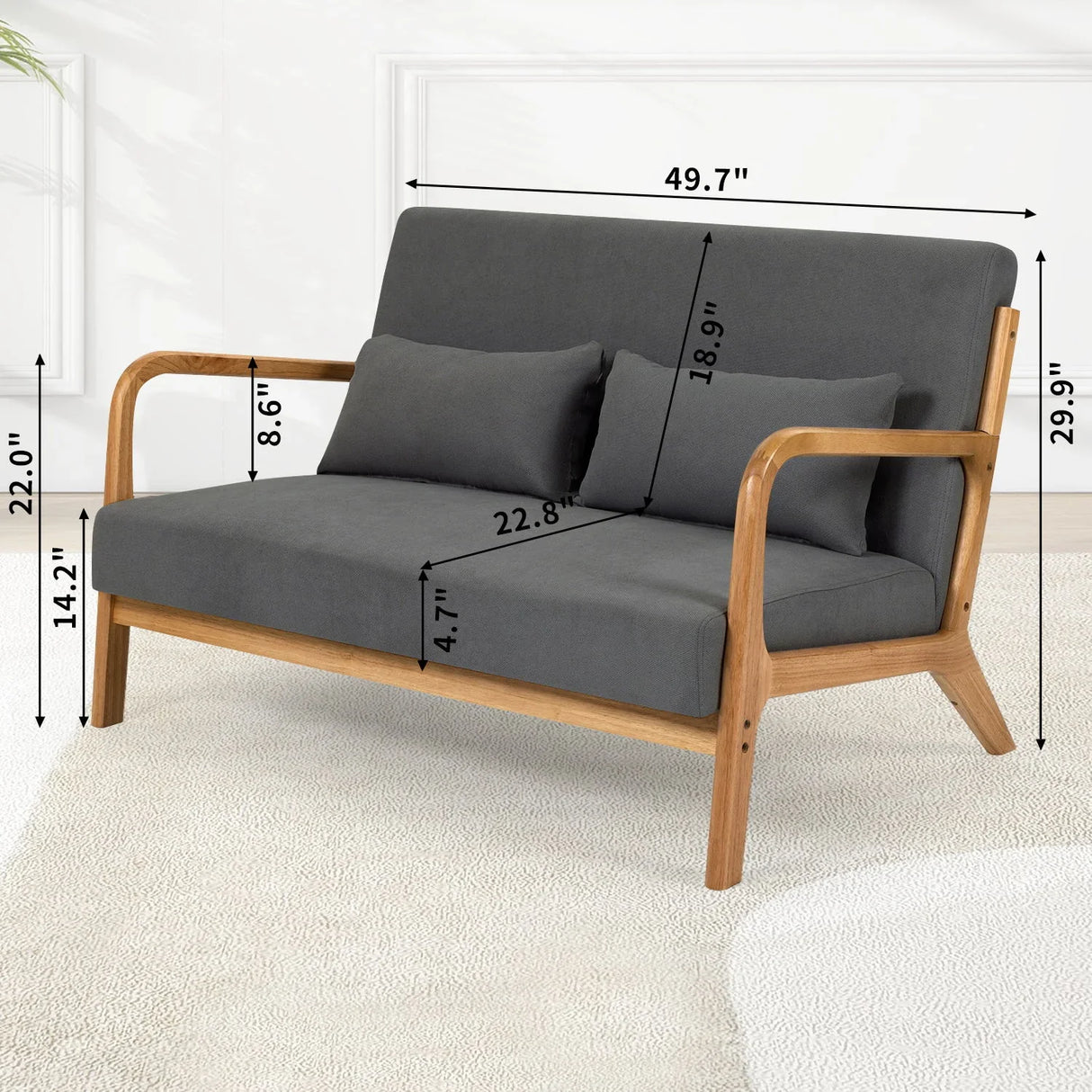 Leisure Chair With Solid Wood Armrest And Feet, Mid-Century Modern Accent Sofa, 2 Seat - Furniture Home Direct