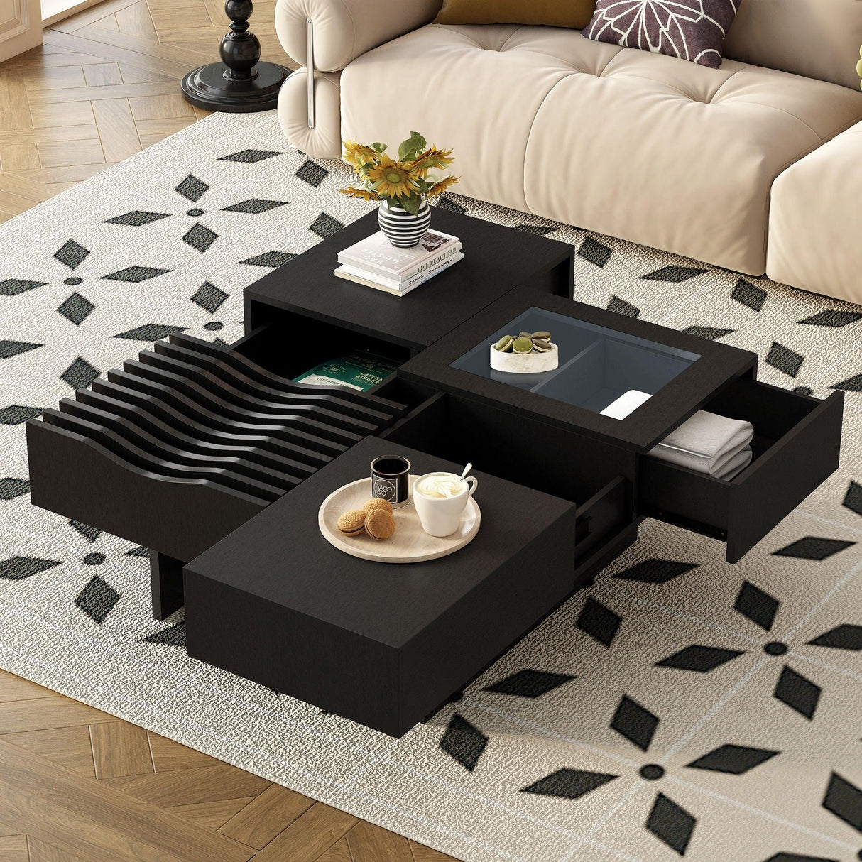 Unique Square Coffee Table With 3 Drawers - Furniture Home Direct