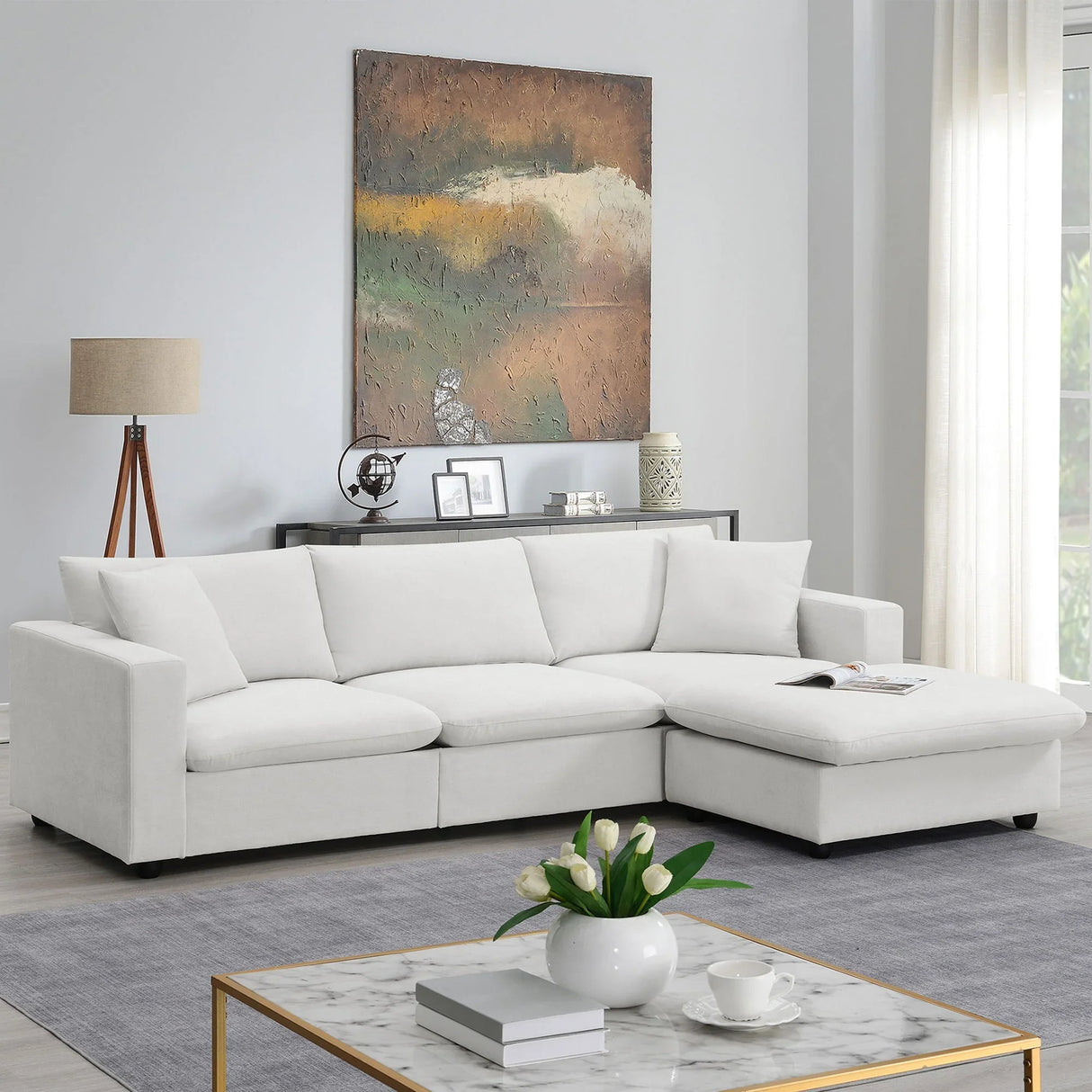 Modern Sectional Sofa With Throw Pillows, Cloud L Shaped Couch Set With Wide 4 Seat Comfy Couch Set With Movable Ottoman - Furniture Home Direct
