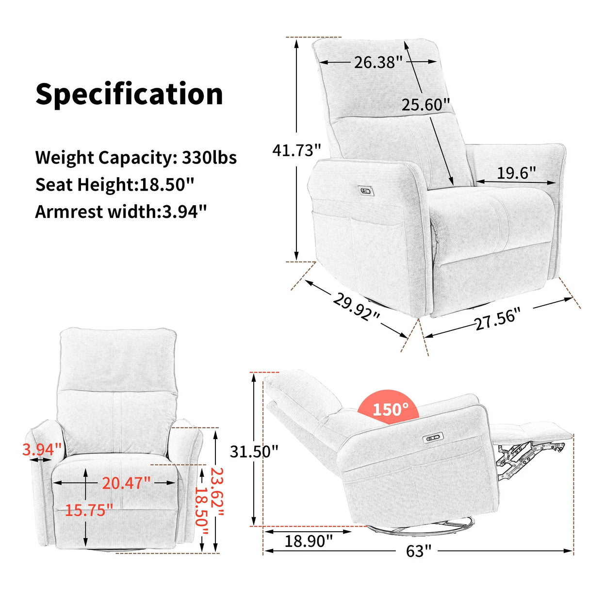 29.92" 270 Power Swivel Rocker Recliner Chair, Electric Glider Reclining Sofa With USB Ports, Power Swivel Glider, Rocking Chair Nursery Recliners For Living Room Bedroom - Furniture Home Direct