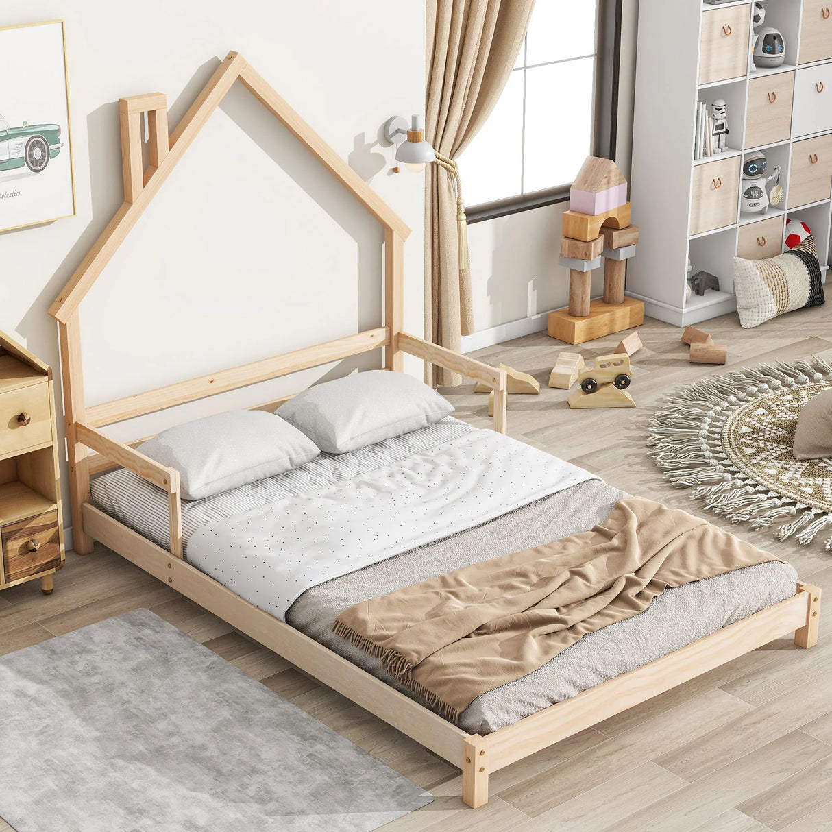 House-Shaped Headboard Bed With Handrails, Slats - Furniture Home Direct
