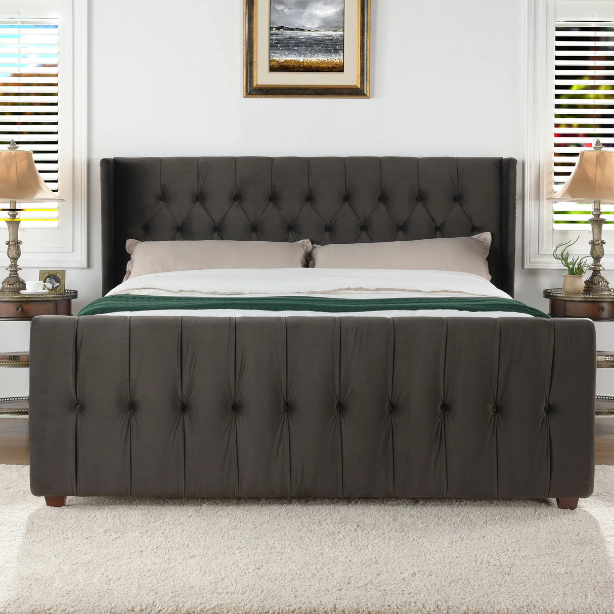 David - King Tufted Wingback Bed - Dark Charcoal Gray - Furniture Home Direct