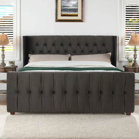 David - King Tufted Wingback Bed - Dark Charcoal Gray - Furniture Home Direct