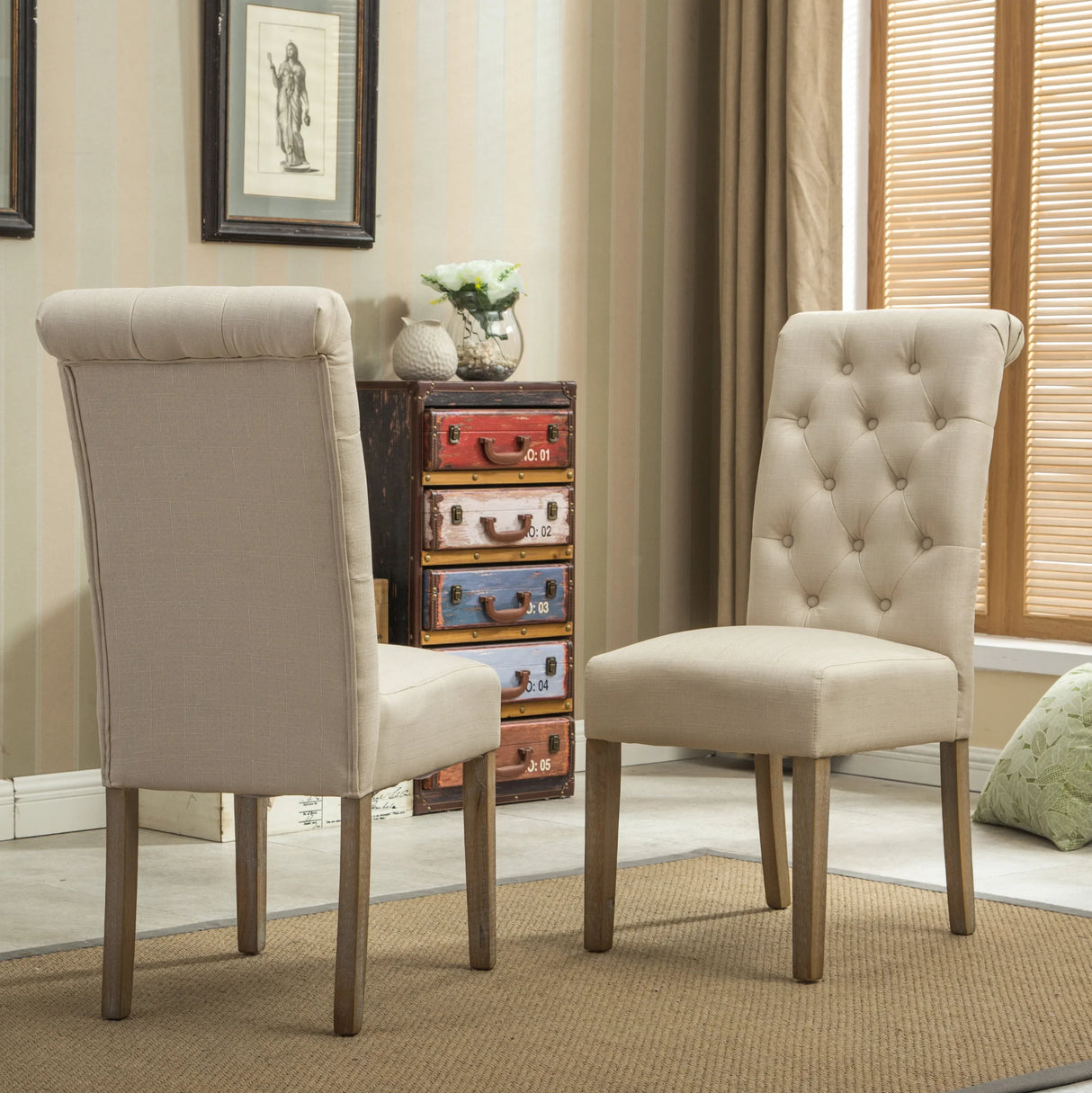 Dining Set With Turned Leg Table Tufted Chairs Beige Brown - Furniture Home Direct