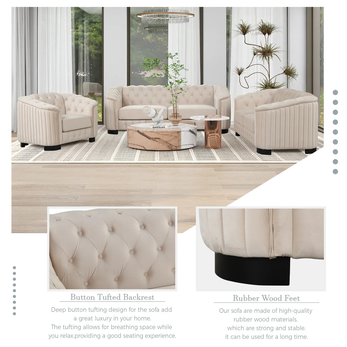 Modern 3-Piece Velvet Upholstered Living Room Set Including Sofa, Love Seat and Chair, Beige - Furniture Home Direct