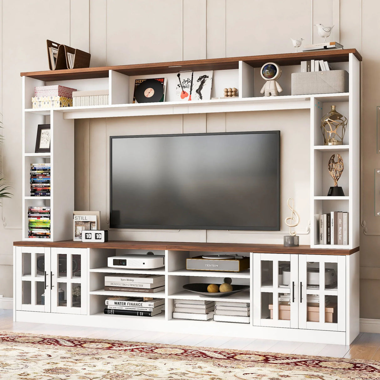 Wall Unit Entertainment Center With Bookshelves For TVs Up To 80", Tempered Glass Doors And Adjustable Shelves - Furniture Home Direct