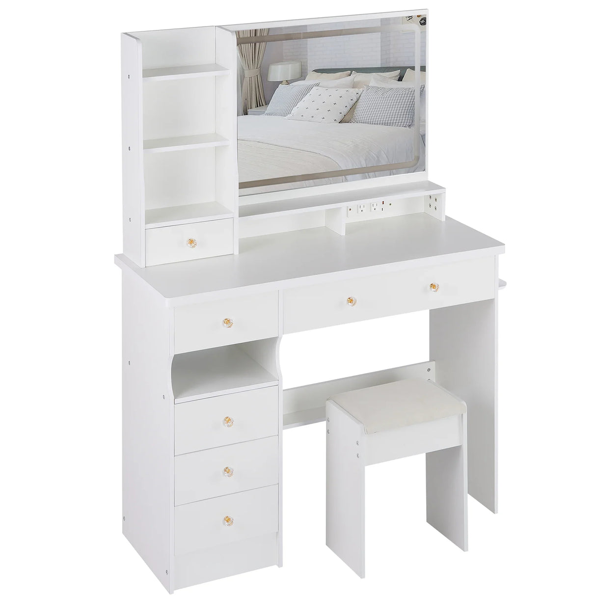 Vanity Desk Set With Cushioned Stool And Large Mirror White - Furniture Home Direct