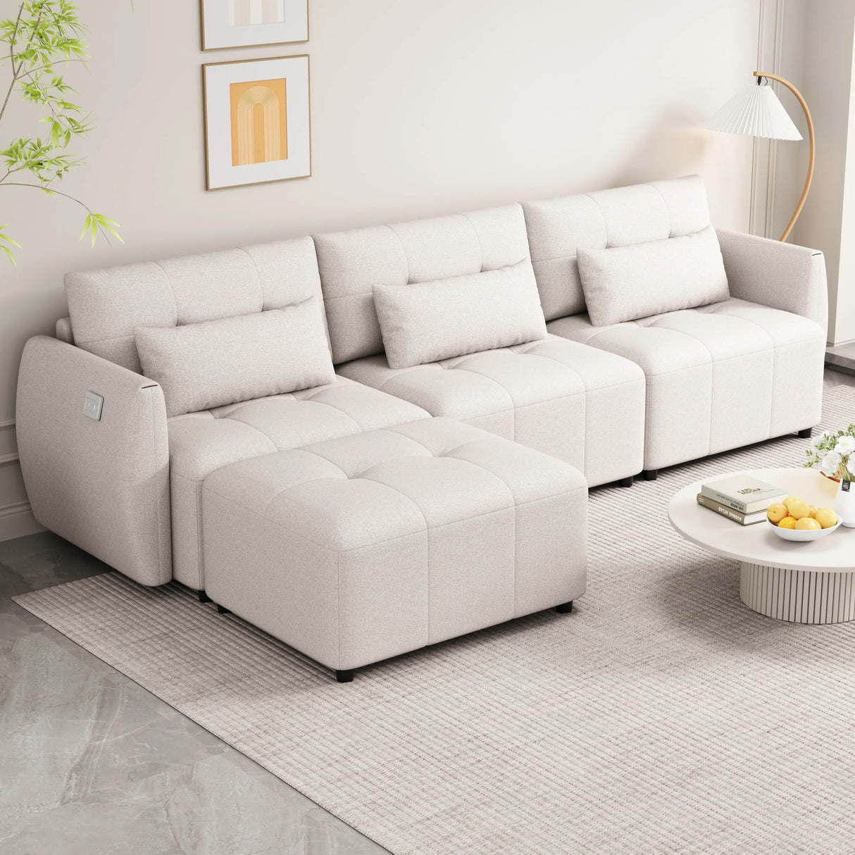 113.3 Modular Sectional With Ottoman And USB C Ports Beige - Furniture Home Direct