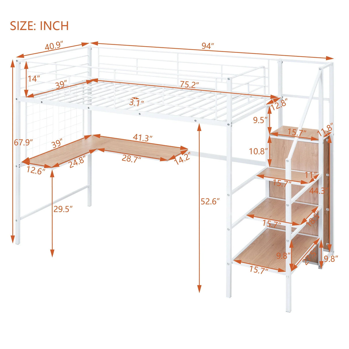 Loft Bed With Desk And Grid, Stylish Frame With Lateral Storage Ladder And Wardrobe - Furniture Home Direct