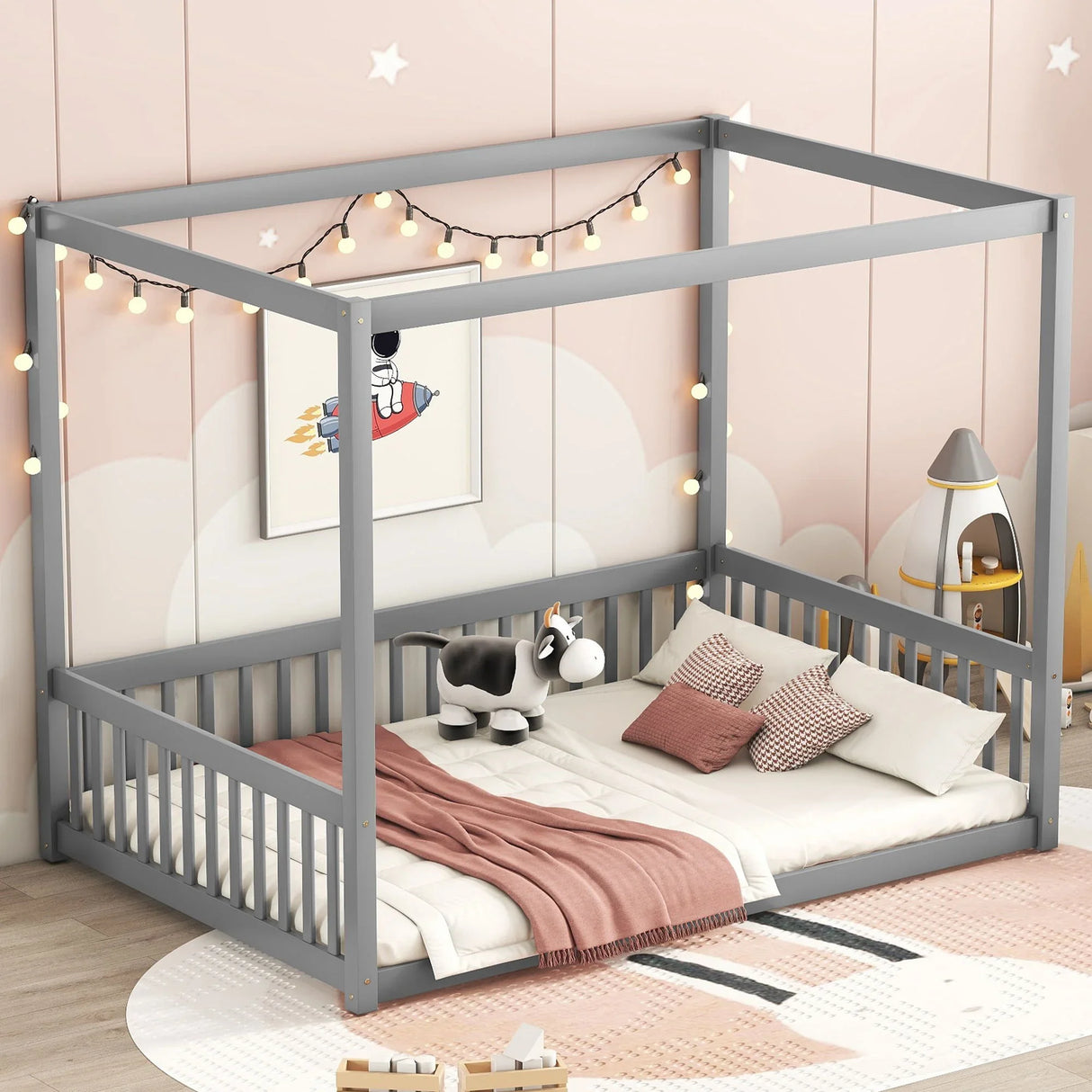 Canopy Frame Floor Bed With Fence, Guardrails - Furniture Home Direct