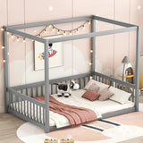 Canopy Frame Floor Bed With Fence, Guardrails - Furniture Home Direct