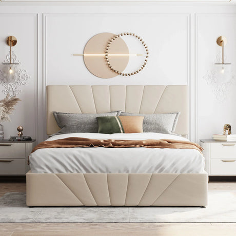 Storage Bed With Lift Platform Upholstered Queen Beige - Furniture Home Direct