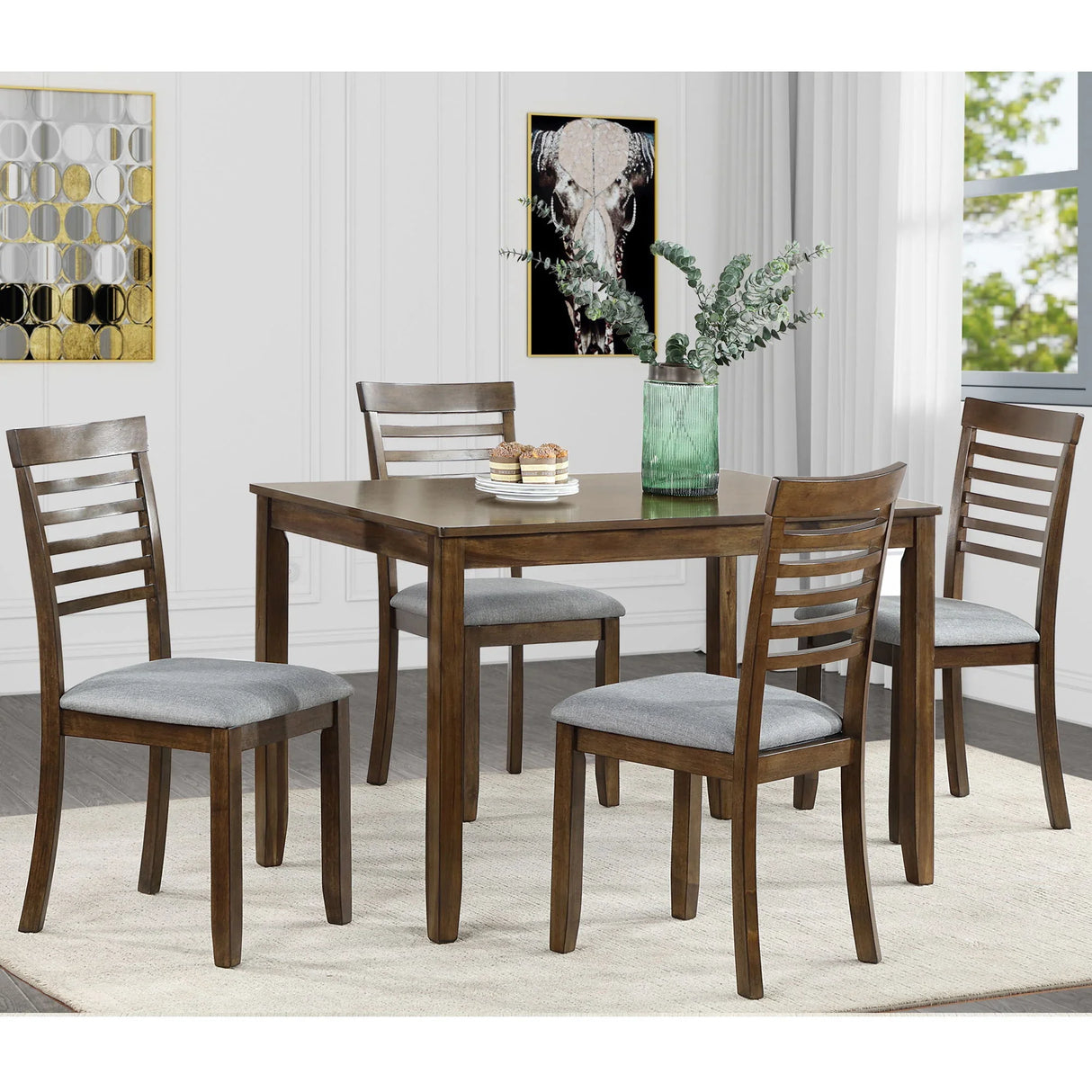 5 Pieces Modern Dining Set, Rectangular Wooden Dining Table With 4 Upholstered Chairs - Furniture Home Direct