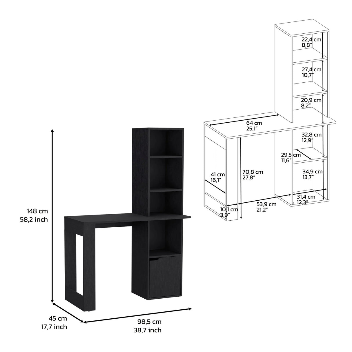 Writing Desk With Bookcase And Cabinet - Black - Furniture Home Direct