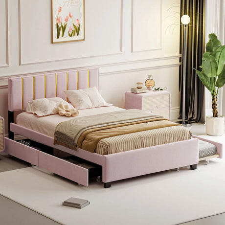 Upholstered Platform Bed With 2 Drawers And 1 Trundle, Classic Strip Headboard Design - Furniture Home Direct