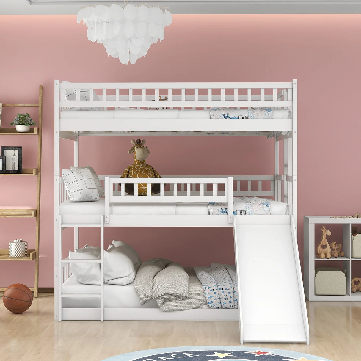 Triple Bed With Built-In Ladder And Slide, With Guardrails - Furniture Home Direct