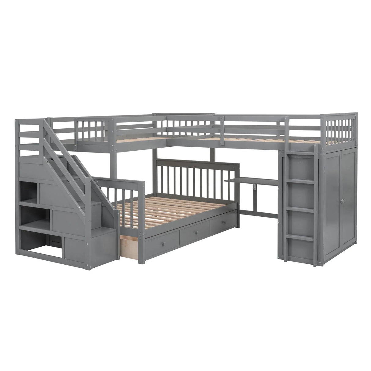 L Shaped Bunk Bed With 3 Drawers, Portable Desk And Wardrobe - Furniture Home Direct
