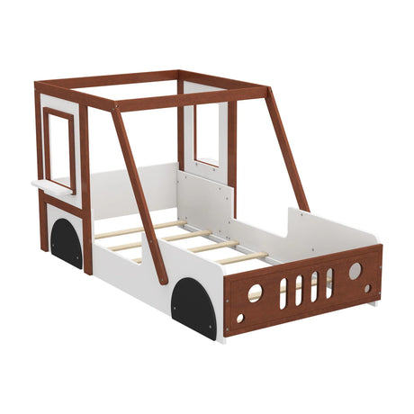 Fun Play Design Twin Size Car Bed, Kids Platform Bed In Car Shaped For Kids Boys Girls Teens - White / Orange - Furniture Home Direct
