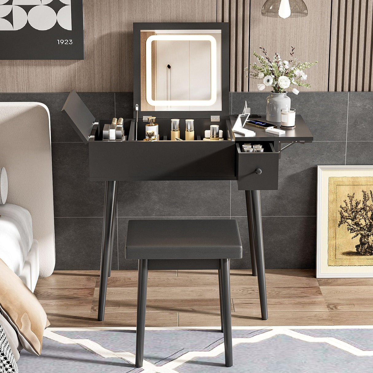 Makeup Vanity Desk With Flip Top Mirror And LED Light, Dressing Table With Charging Station, 2 Drawers And Fold Up Panel, Vanity Set With Cushioned Stool For Bedroom - Black - Furniture Home Direct