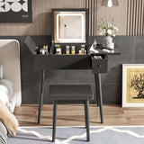 Makeup Vanity Desk With Flip Top Mirror And LED Light, Dressing Table With Charging Station, 2 Drawers And Fold Up Panel, Vanity Set With Cushioned Stool For Bedroom - Black - Furniture Home Direct