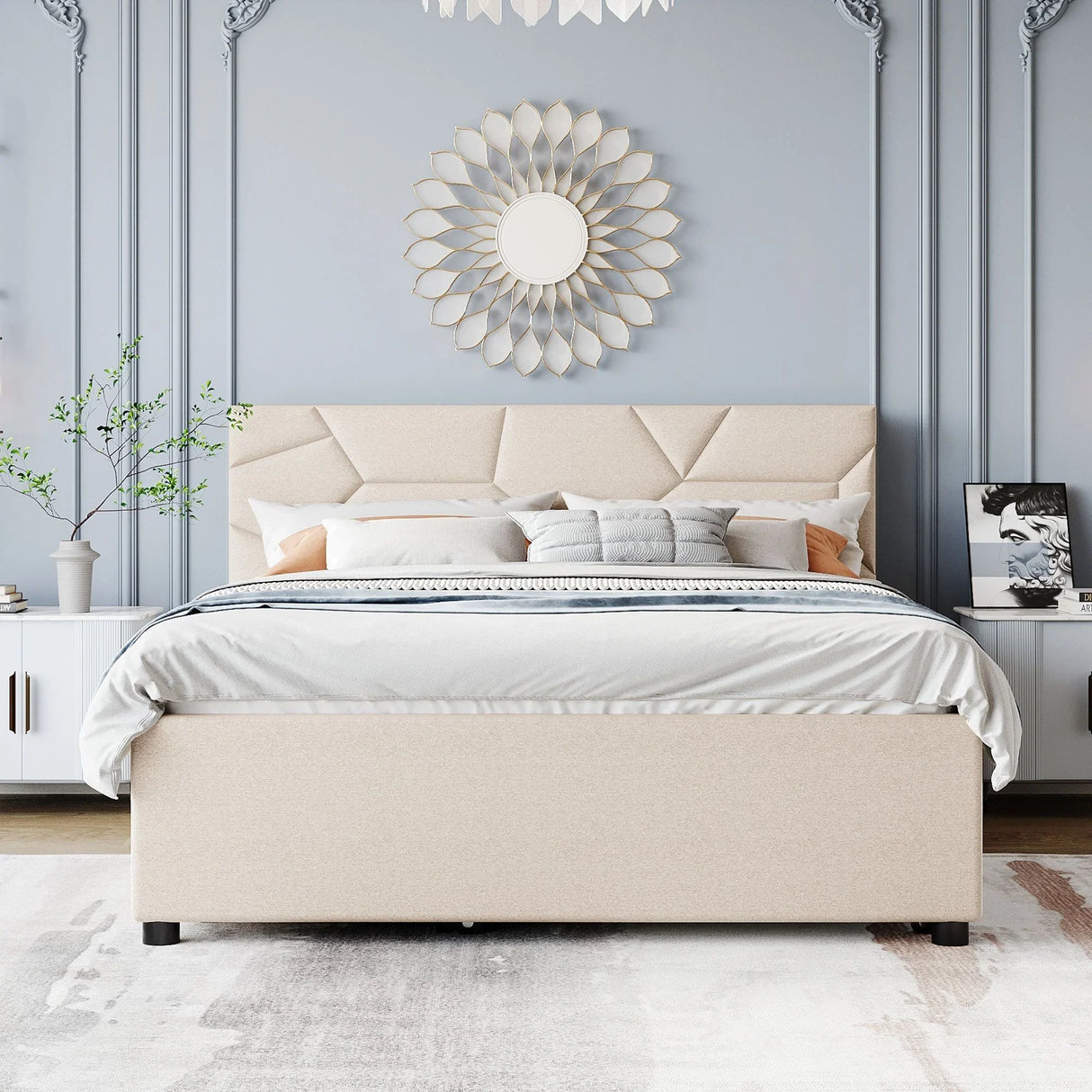 Upholstered Platform Bed With Brick Pattern Headboard And Twin Long Size Trundle - Furniture Home Direct