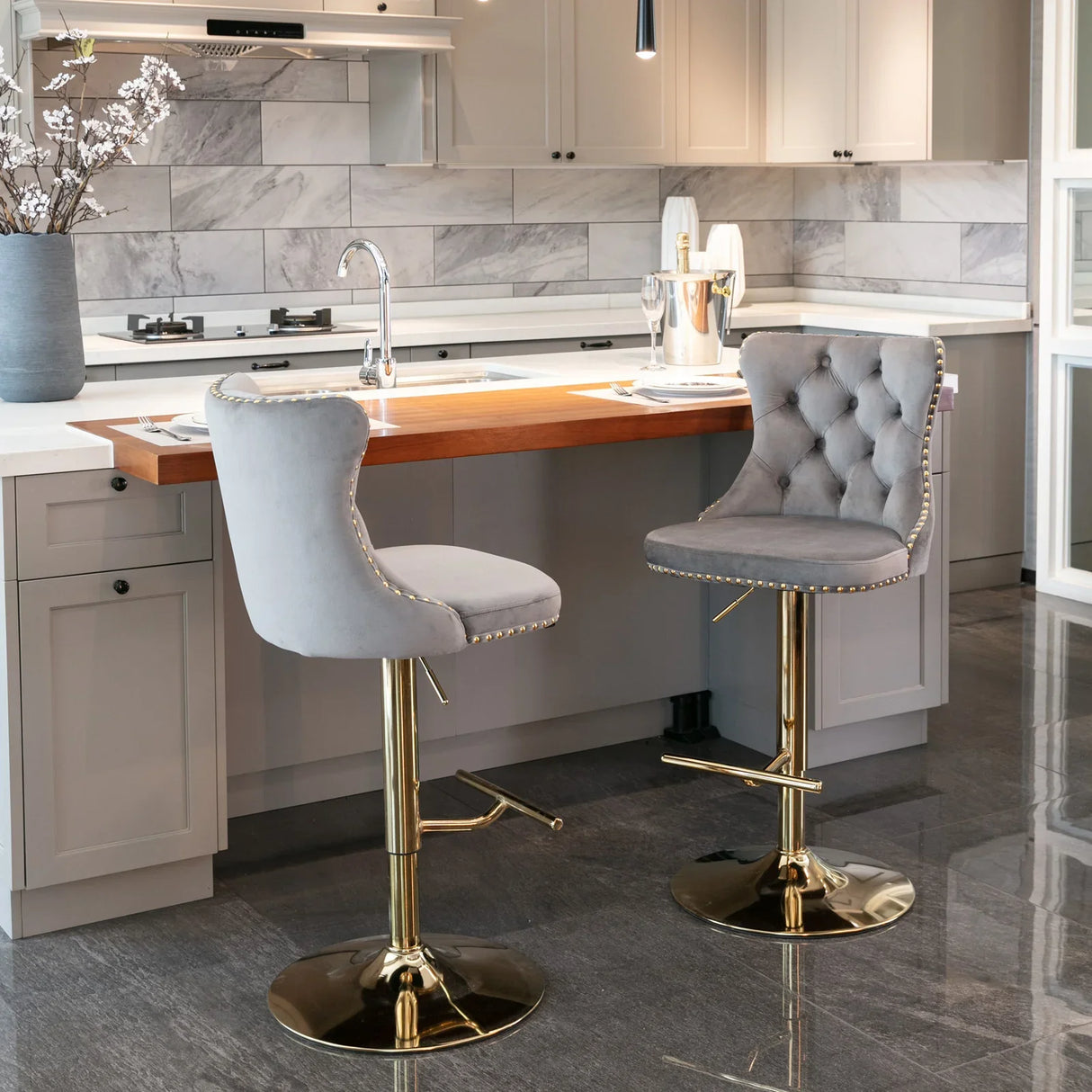 Bar Stools Velvet Upholstered Swivel Backed Set Of 2 Gray - Furniture Home Direct