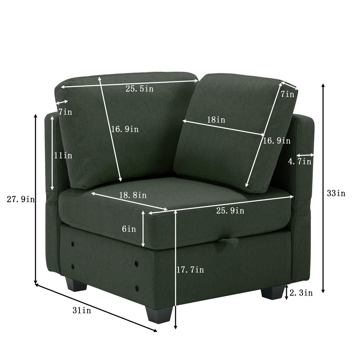 3 Piece Living Room Set With Storage including Sofa, Love Seat and Chair - Green - Furniture Home Direct